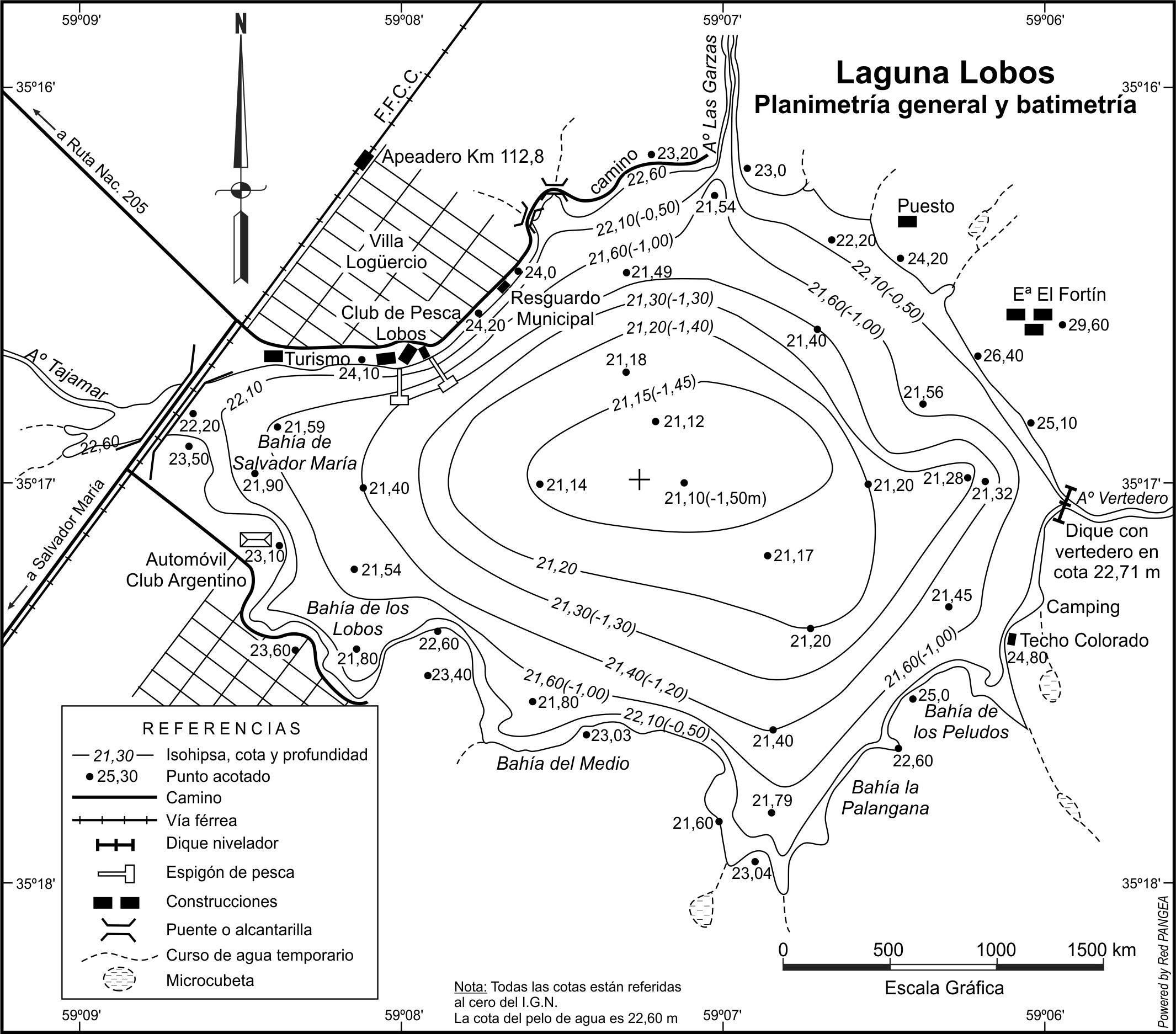 Mapa de la planimetría y batimetría acotada de la laguna Lobos.