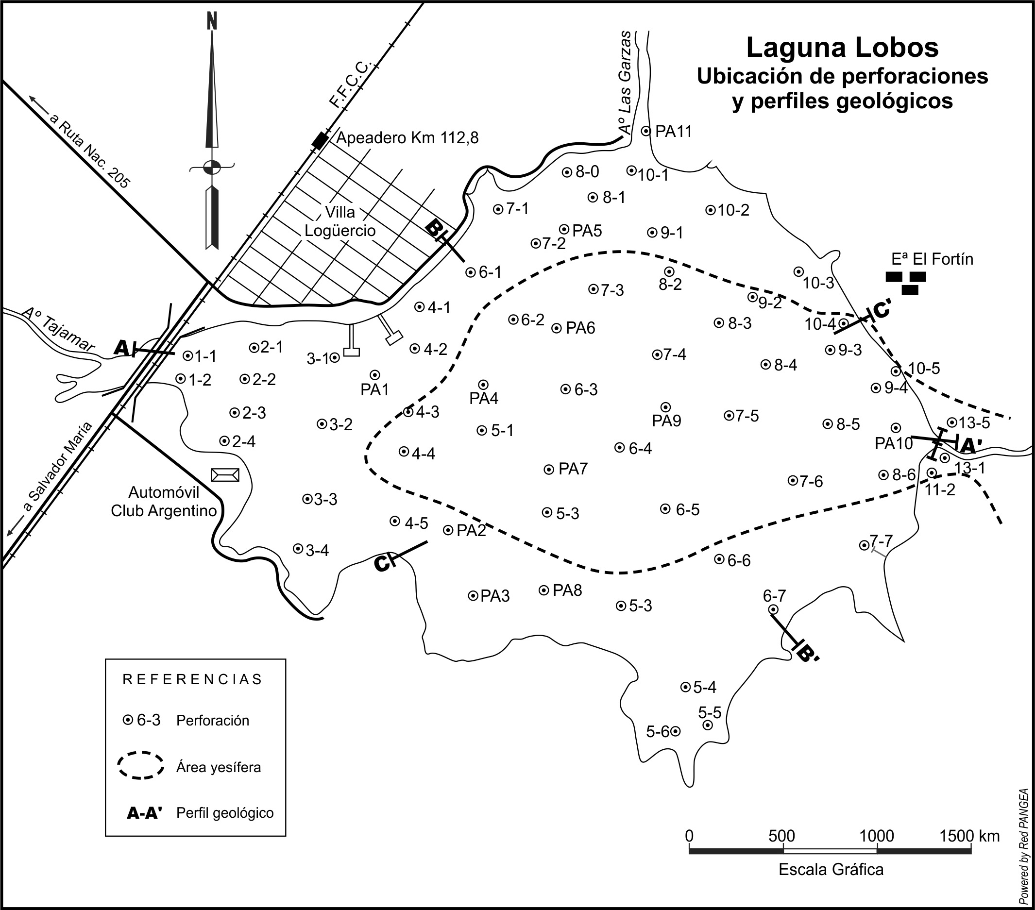 Mapa
de ubicación de perforaciones y perfiles geológicos de la laguna Lobos.