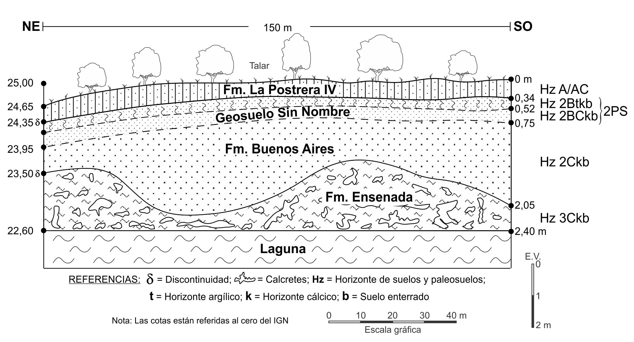  Perfil
geológico de la escarpa de erosión de la costa SE de la laguna Lobos, entre las
bahías La Palangana y de Los Peludos, con las unidades estratigráficas indicadas según la
nomenclatura pedológica.