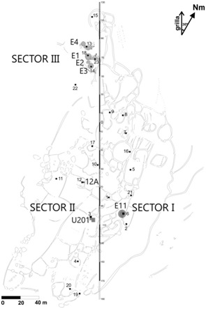 Distribución de pozos de sondeo PP1a PP23 y áreas excavadas.