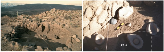 Izquierda:
Estructura E1 al final de la excavación. Derecha: Cuatro conanas y un puco
completo gris liso pulido sobre el piso.