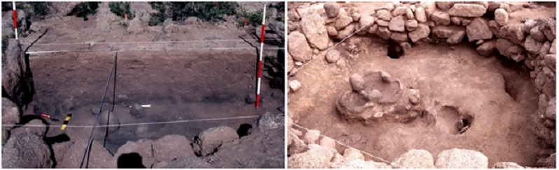  Estructura E4. Izquierda, se observa el sedimento
negro y graso correspondiente al nivel del fogón principal, tanto en el perfil
oeste de las cuadrículas U331 y U332, como en la planta de la excavación. La
flecha blanca, por detrás una piedra, indica fragmento de un jarro Gris Inciso asomando
al lado del fogón. El norte, a la derecha de la imagen. Derecha, E4 al final de
la excavación.