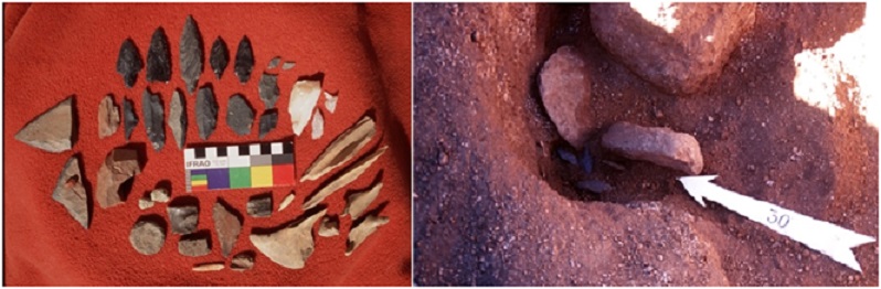 Izquierda: Contenido del pozo-escondrijo en E4, entre
ellos, disco y fragmentos de cerámica, restos óseos, varias puntas de proyectil
de obsidiana, lascas de basalto, andesita y cuarzo y, en el extremo izquierdo,
dos fragmentos de raederas muy grandes y pigmento. Derecha: el pozo. 

  

 