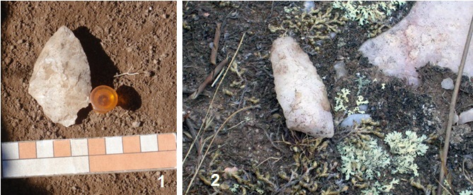 Artefactos líticos hallados en excavación
    (a la izquierda) y en superficie (a la derecha) en proximidad del
    afloramiento de cuarzo en territorio indígena de “Los Ojitos”