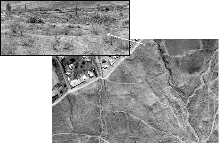 Fotografía aérea (1986).
    Unidades arquitectónicas cuadrangulares en Los Cuartos; esquina superior
    izquierda: fotografía de una de ellas