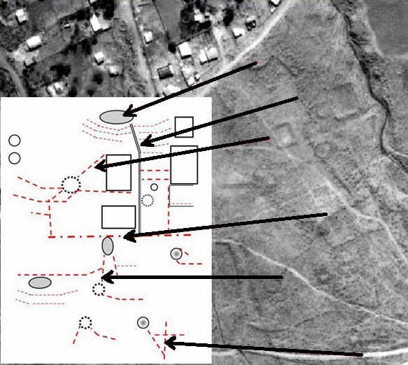  Croquis que ilustra la organización
    espacial de las estructuras arquitectónicas que se observaban hace unas
    décadas atrás en Los Cuartos (Loteo 61,5KM) Manasse (2012)