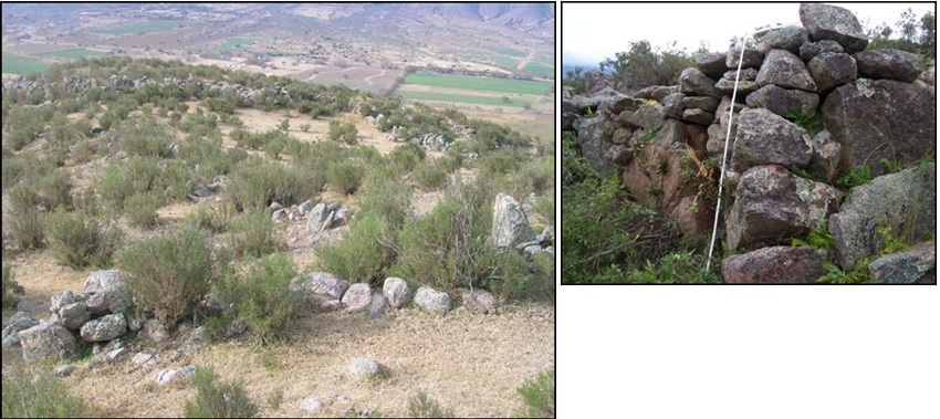 Estructura rectangular construida sobre
    un filo de la ladera oriental del Cº Pelao (2054 msnm) que comprende una
    superficie mayor a los 600m2.Ma12 en el registro del
    Relevamiento.
