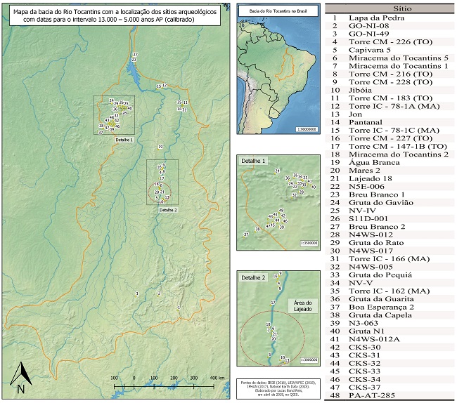 Mapa da bacia do rio Tocantins com a localização
dos sítios arqueológicos com datação radiocarbônica entre Fim do Pleistoceno e
Holoceno Médio