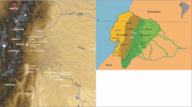 Ecuador y el piedemonte amazónico de los Andes, con
    los sitios arqueológicos excavados en los valles del Pastaza y del Upano
    (dibujo L. Billault y S. Rostain).