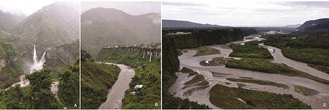 A y B. Cañón del alto Pastaza alrededor de la ciudad de Baños
y C. Terrazas del Pastaza al nivel
de la salida del cañón llegando a la planicie de la alta Amazonía (fotografías
S. Rostain).