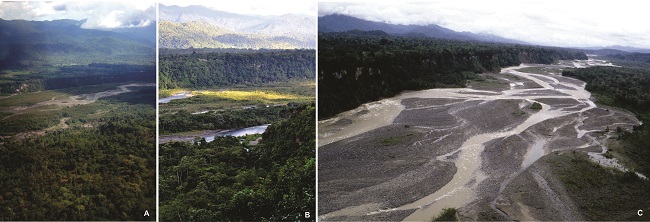 A - C. Río Upano al norte de Macas (fotografías S. Rostain).