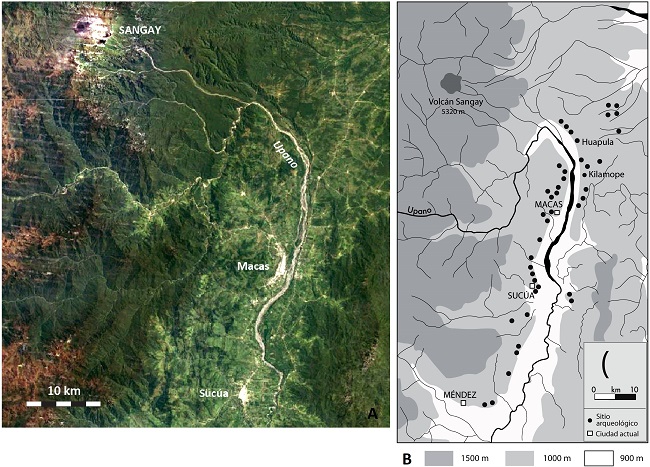 A. Alto y medio Upano (Documento Google Earth) y B. Mapa arqueológico del valle del
    Upano (dibujo S. Rostain).
