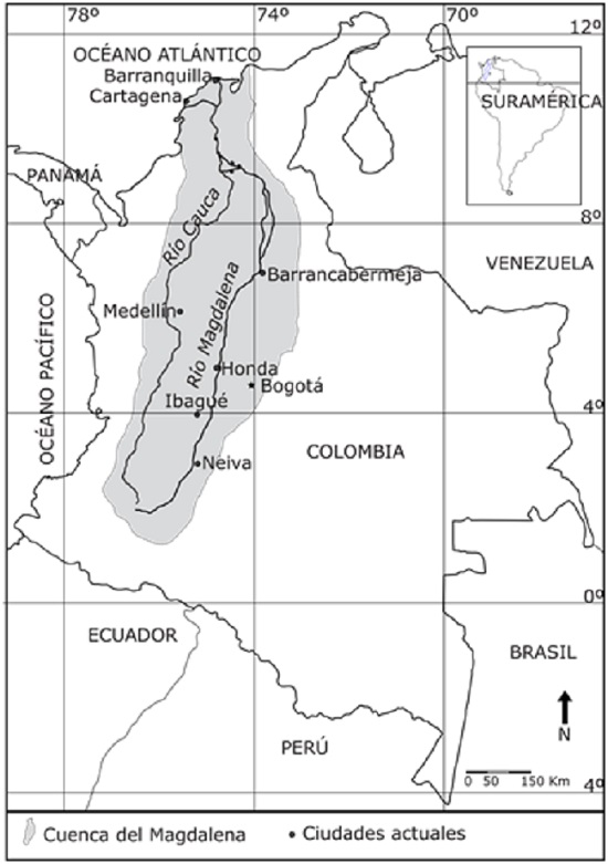 Mapa general de Colombia donde se ubica la
macro-cuenca del Magalena (elaboración propia).