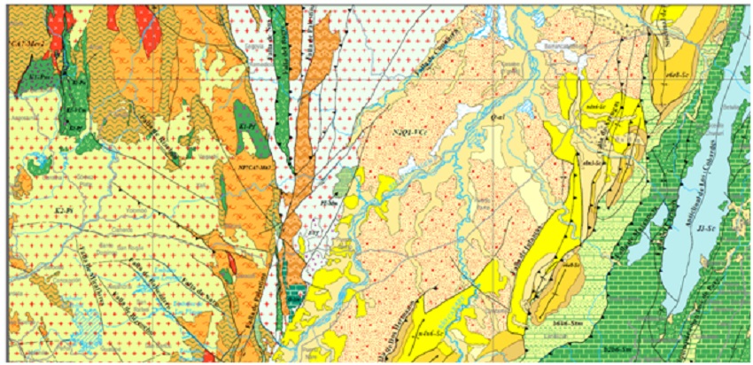  Mapa geológico del Servicio Geológico Colombiano (2015), sector
Magdalena Medio. Nótese la gran variedad de formaciones y sus cambios en pocos
kilometros. La escala de los recuadros geofráficos equivale a un área de 100 km2.