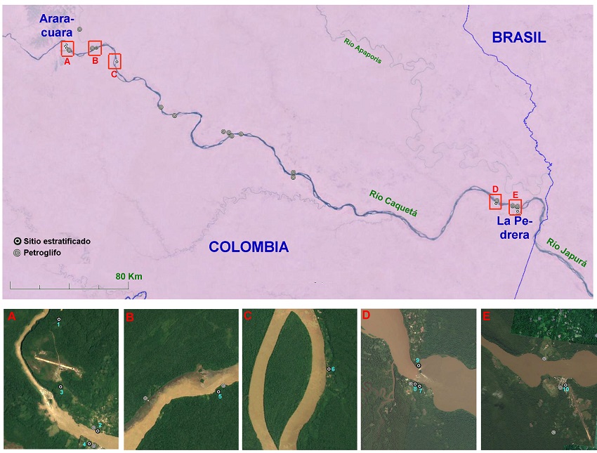 Mapa de la región del medio río Caquetá mostrando la localización de
petroglifos y sitios estratificados
