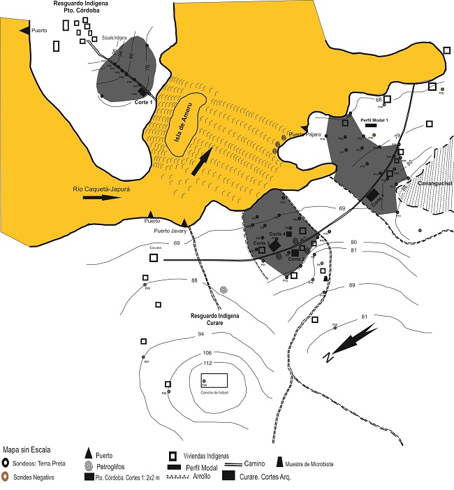 Mapa mostrando las áreas excavadas en los resguardos indígenas Curare y Puerto
Córdoba (ver Figura 2, D-7, 8, 9).