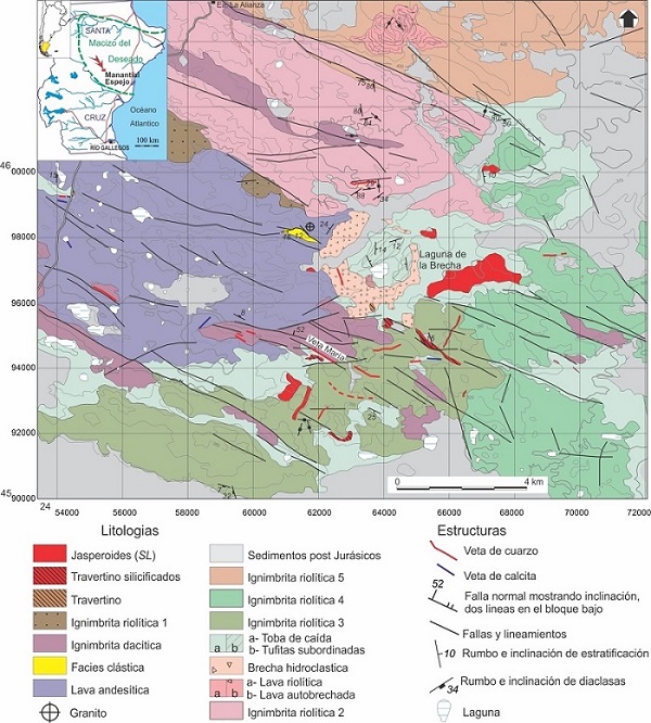 Mapa
geológico del distrito minero Manantial Espejo (modificado de Echeveste et al. 2016a)