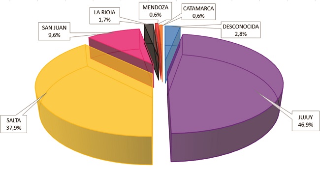 Gráfico porcentual de la
    procedencia geográfica del material argentino representado en la Colección